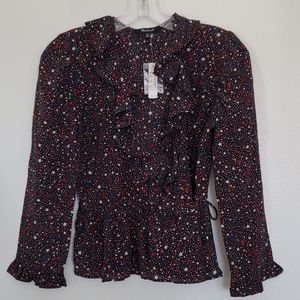 NWT Madewell Silk Red, White, Blue & Peach Star Print Blouse XXS